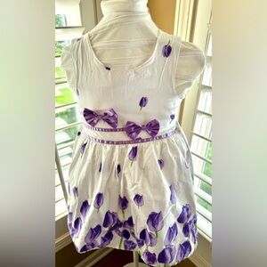 Sunny Fashion Girls White & Purple Tulip Dress w/ Satin Bows Size 7/8